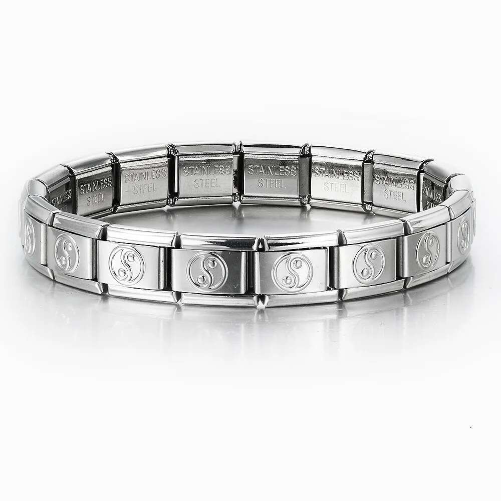 Whole Stamped Pattern Beads Bracelet Square Elastic Titanium Steel Strap Chain Italian Charm Links Stainless Steel Fit 9mm Bracelet Jewelry DIY Making