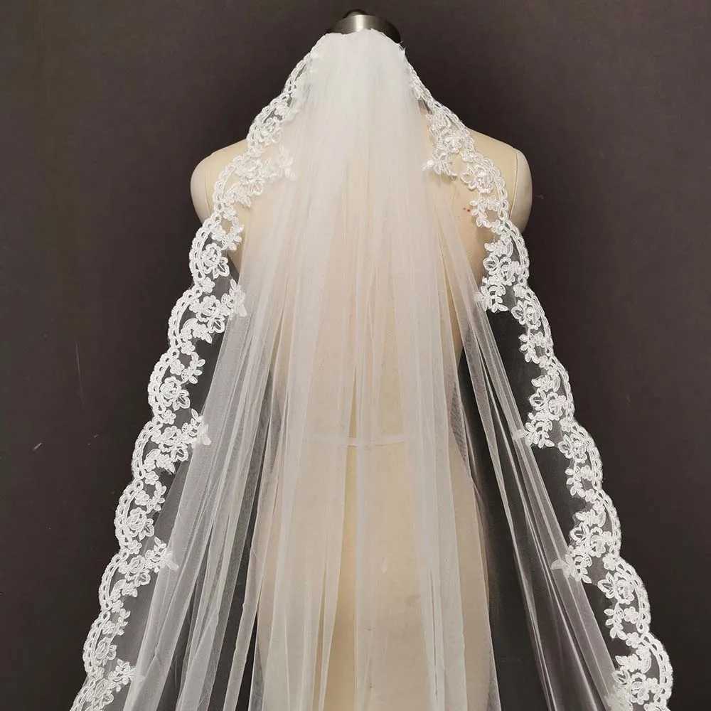 Real Photos Long Lace Bridal Veil with Comb 3.5 Meters 1 Layer Cathedral White Iovry Wedding Veil Wedding AccessoriesX240913