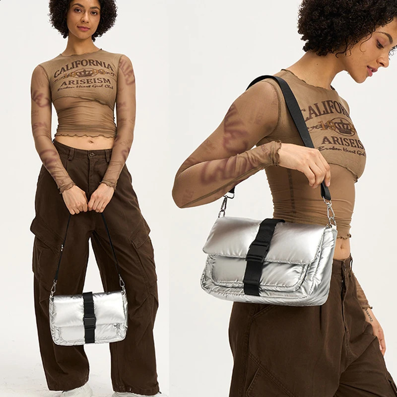 Fashion Silver Square Puffer Bag Padded Women Shoulder Bags Casual Nylon Down Cotton Crossbody Bag Trend Wide Strap Flap Purses 240907