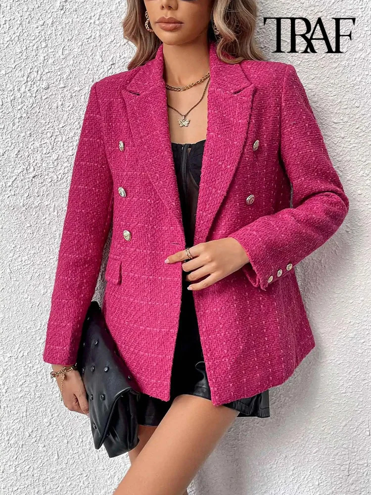 TRAF Women Fashion Double Breasted Tweed Blazer Coat Vintage Long Sleeve Flap Pockets Female Outerwear Chic Tops 240911