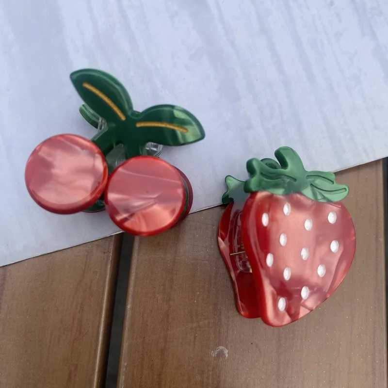 2pcs/set Small Acetate Hair Claw Clip For Women Cute Cherry Hairclip Girls Fruit Hairpin strawberry ponytail clip acesorriesX240912