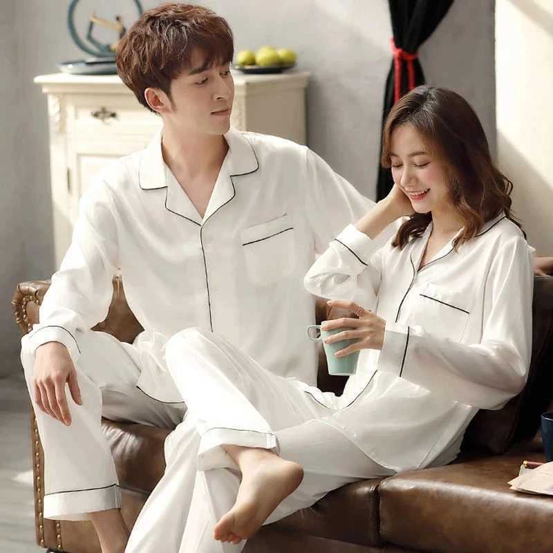 New Spring Big Size Pajamas Set for Couple Long-sleeved Pijama Two Piece Sleepwear Men Plus Size Loungewear Satin Home Clothes Y240913