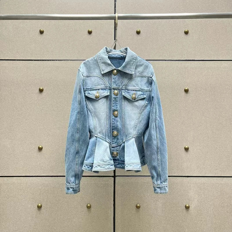 Womens shoulder strap denim jacket metal button decoration lapel long sleeved shoulder strap high-quality washed cotton autumn 240906
