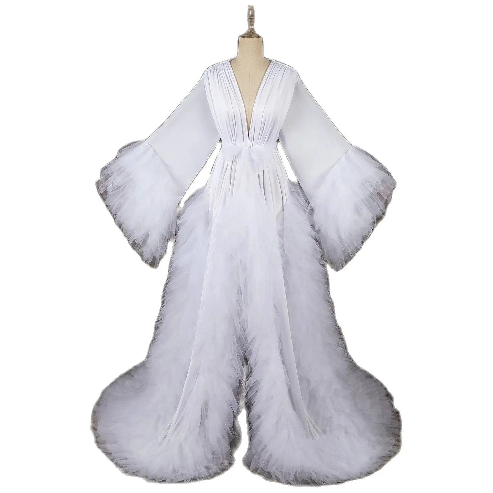 Plus Size Maternity Elegant Green Sleepwear Bathrobe Women Multi Layered Ruffles Bath Gown Tulle Floor Length Bridal Robe Wedding Nightgown