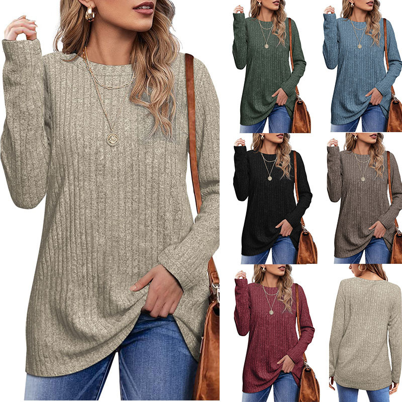 2024 new autumn and winter round neck brushed pit stripe solid color top long sleeved T-shirt for women