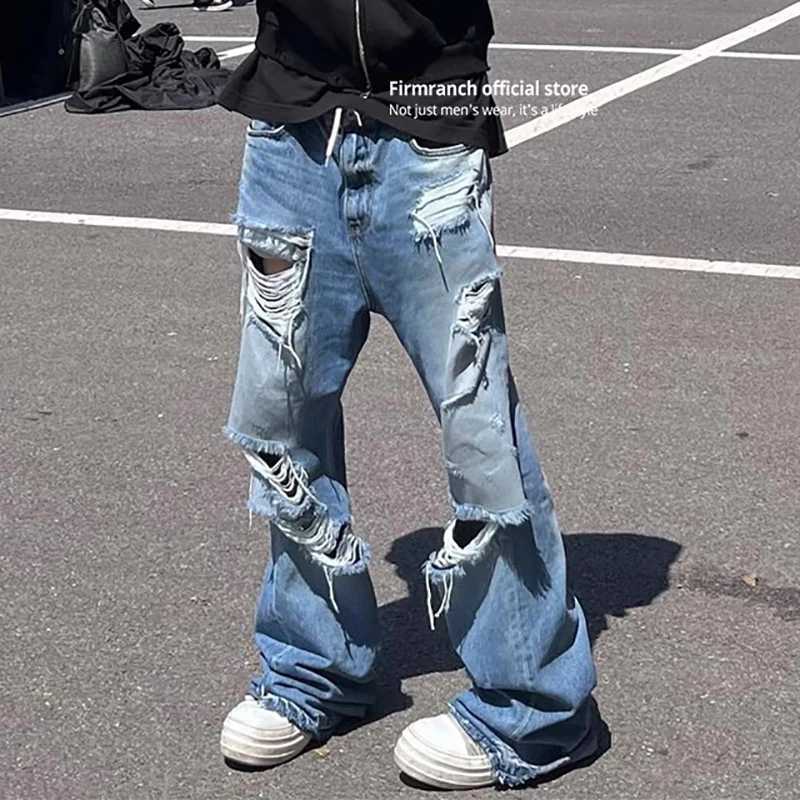 Firmranch New Korean Blue Ripped Jeans For Men Women Worn Mopping Length Flared Denim Pants Streetwear Catwhiskers Trousers M240912