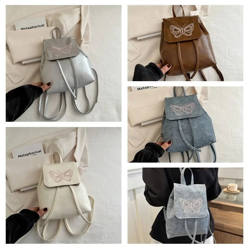 Large capacity Korean style backpack with butterfly pattern square Pu leather backpack handbag solid color Y2k school backpack outdoor 240912