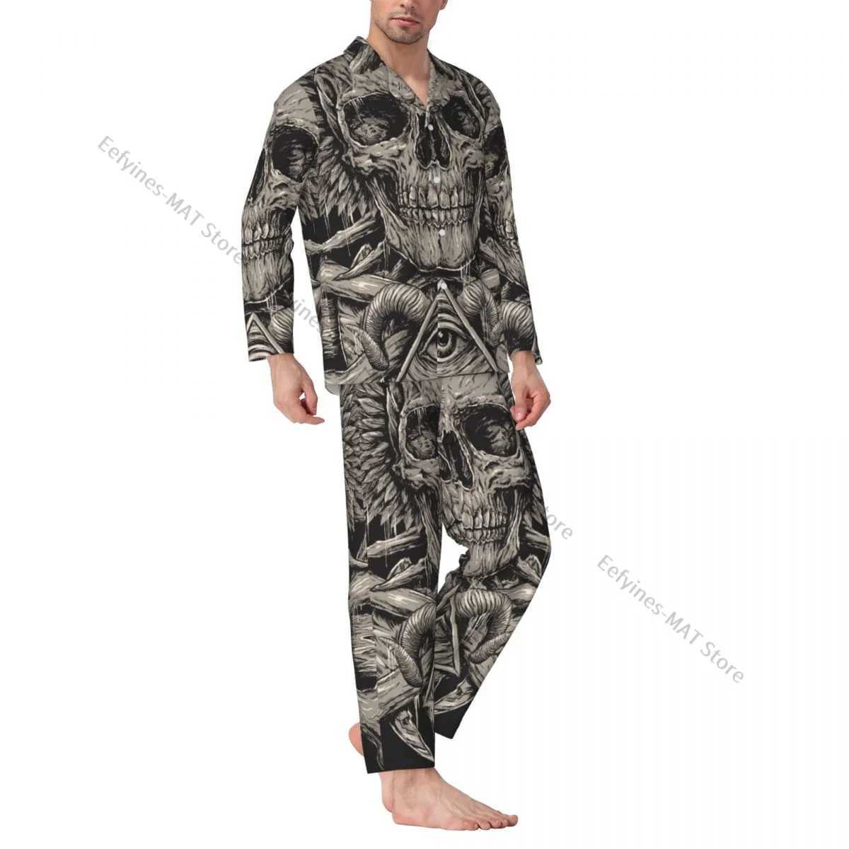 Mens Pajamas Sets Home Suits Heavy Metal Inspired Skull Sleepwear Loose Homewear Long-sleeved Casual Sets Y240913