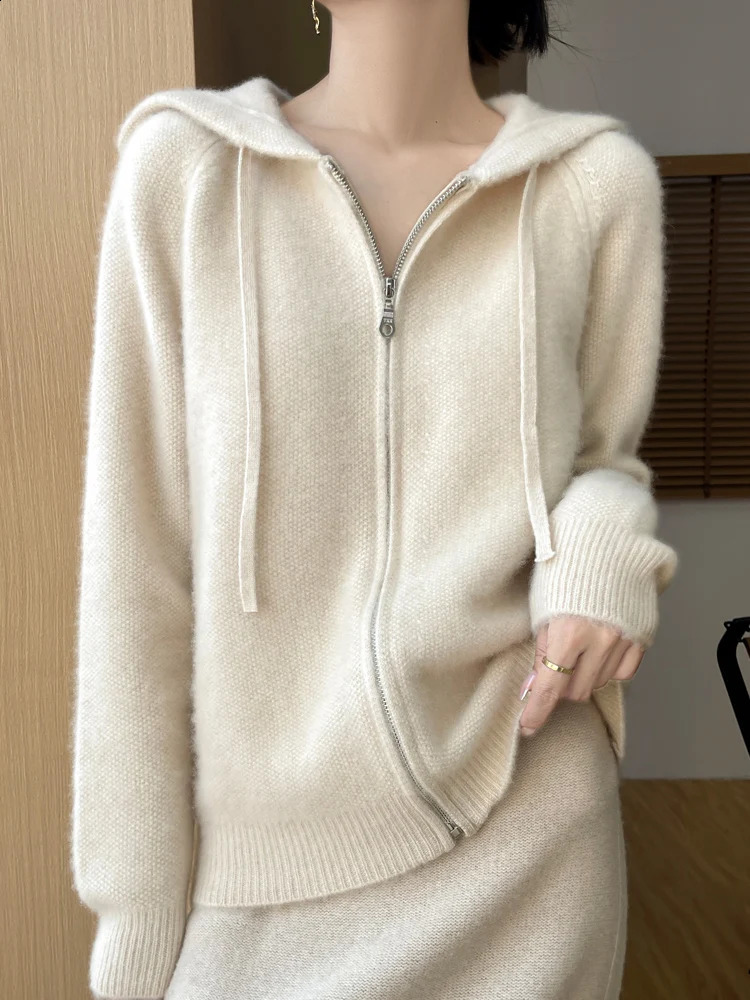 Womens zipper hooded cardigan autumn thick casual loose style cashmere sweater 100% Merino wool knitted top 240906