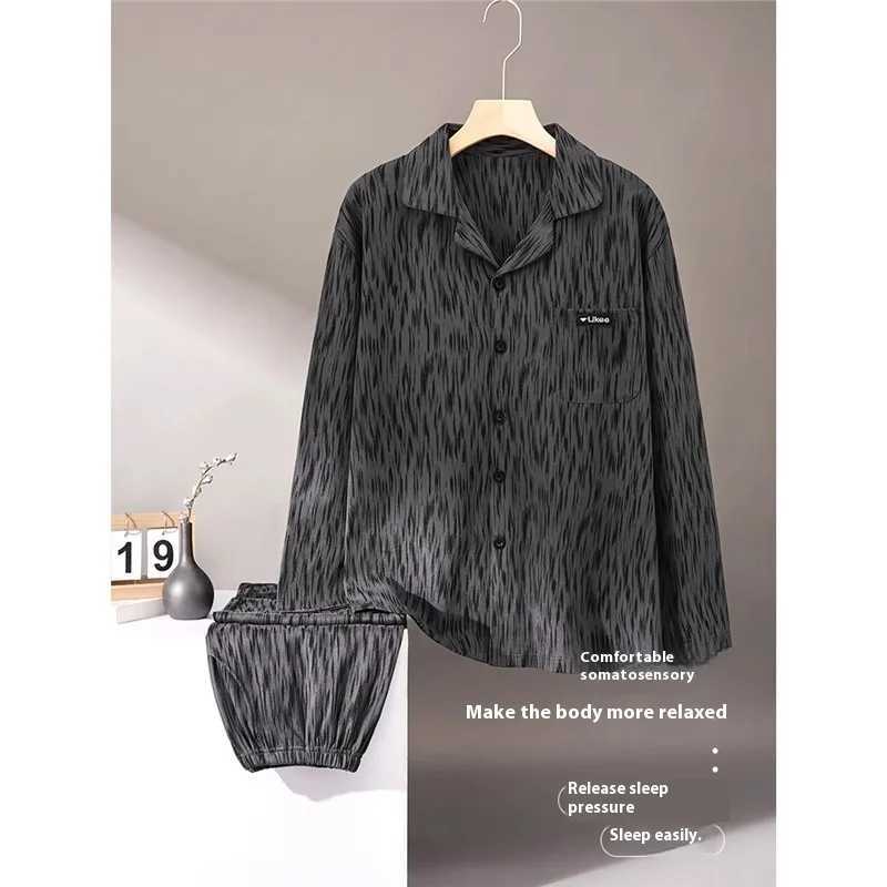 2pcs/Set Long-Sleeved Middle-Aged And Elderly Pajamas Mens Fall And Winter Casual Plus Size Black Mens Pajamas Homewear Breath Y240913