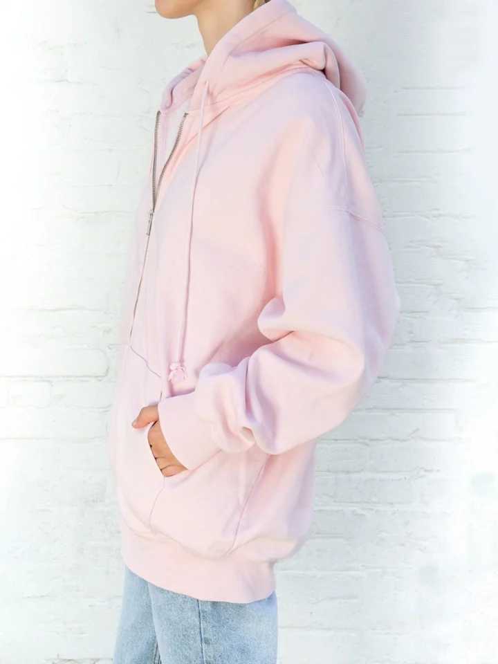 Sweet Pink Oversized Hoodie Autumn Long Sleeve Hooded Zip-up Cotton Sweatshirt Casual Preppy Style Cute Hoodies Top for Woman M240912