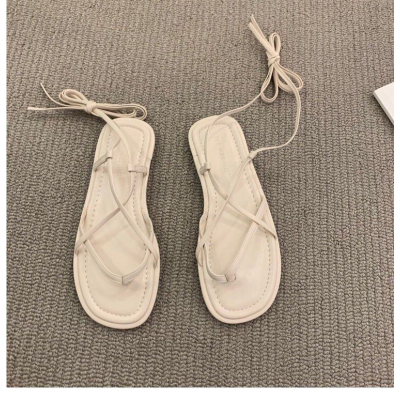 Korean Version 2024 New Summer Flat Lace-up Sandals Women's Shoes French Niche Retro Lace-up Roman Shoes Sandals