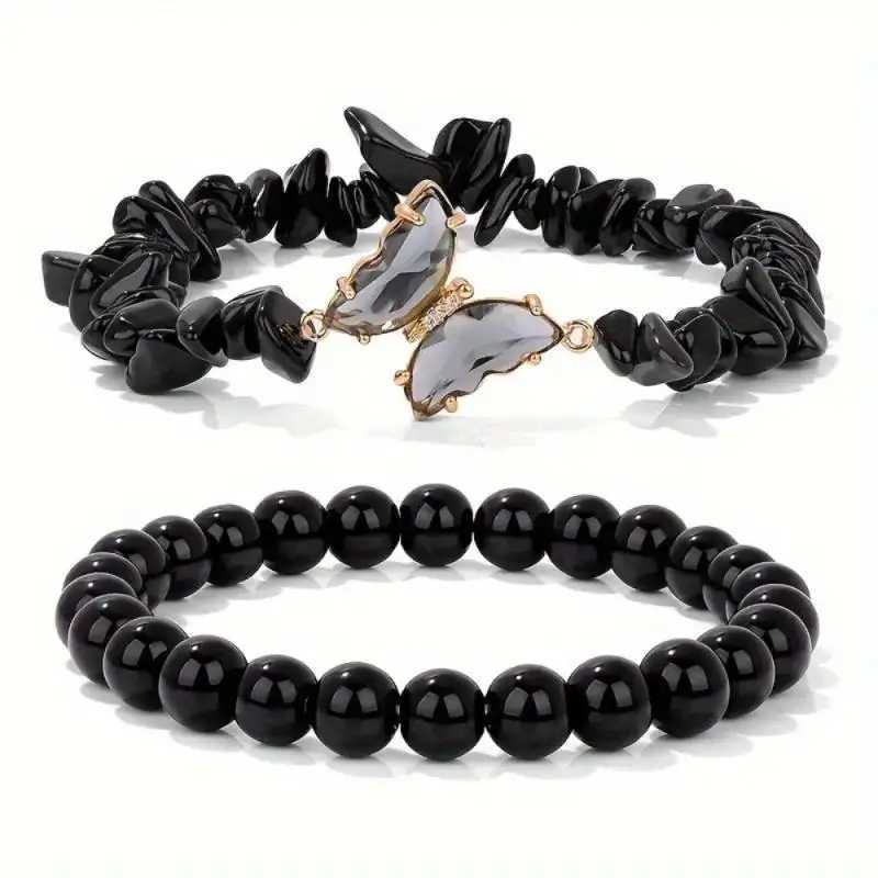 2-piece set of sromantic amethyst obsidian quartz bead butterfly bracelet for women elastic bracelet with positive energy for daily commuting W240913