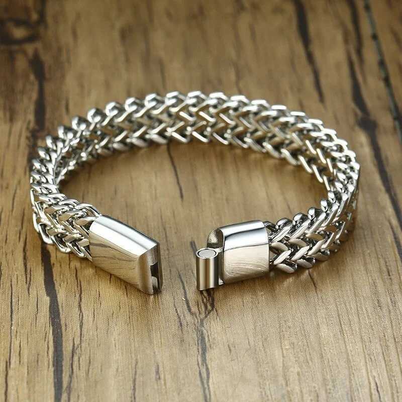 12mm Stainless Steel Mens Silver Color One Chain Double Rows Wristband Magnetic Clasp BraceletX240913