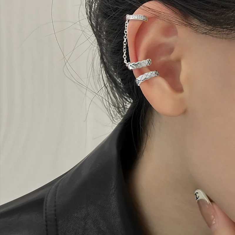 KOFSAC Simple and Small Integrated Ear Bone Clip Women Trendy Temperament 925 Silver Lattice Pattern Ear Clip Without Ear HolesX240913