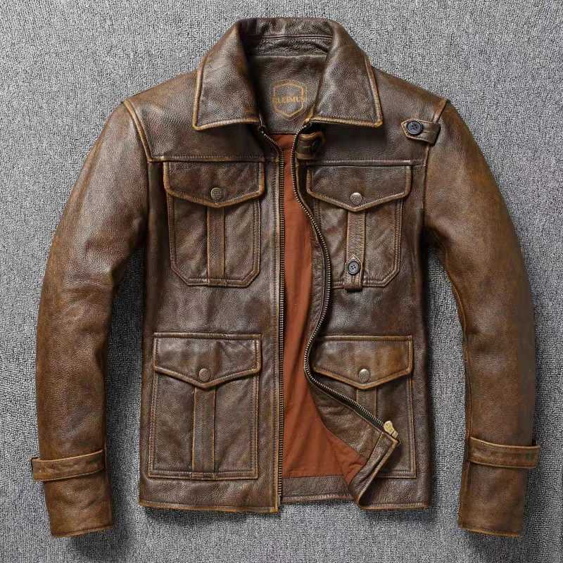 Mens Genuine Leather Jacket Natural Cowhide Hunting Jacket First Layer Cowhide American Retro Motorcycle Jacket Short JacketX240913