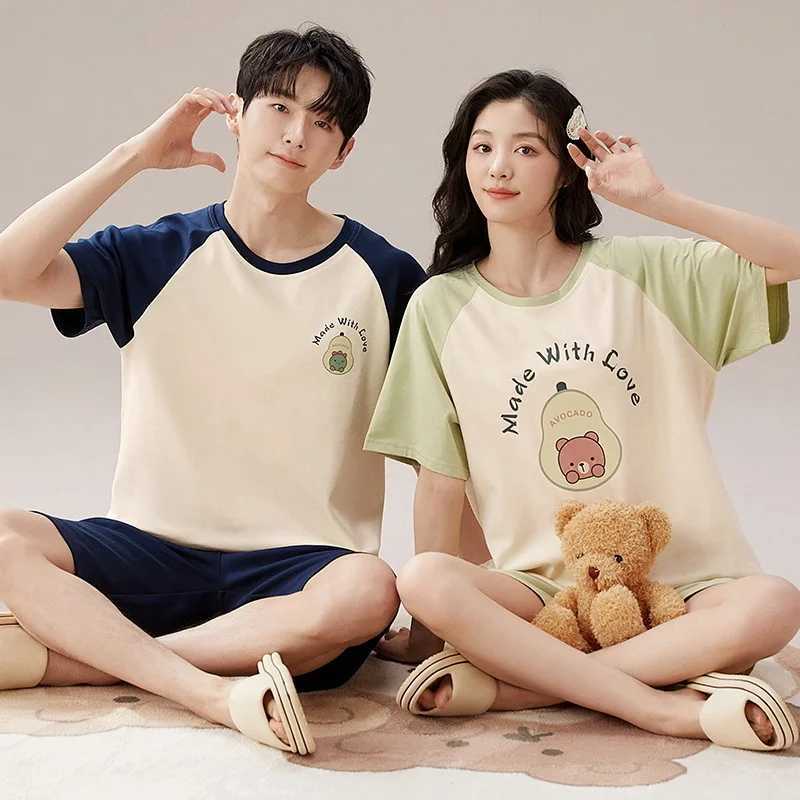 Cartoon Cute Summer Cotton Pajamas Set for Couples Women and Men Matching Sleepwear Short Sleeves Sleeping Top Shorts Pijamas Y240913