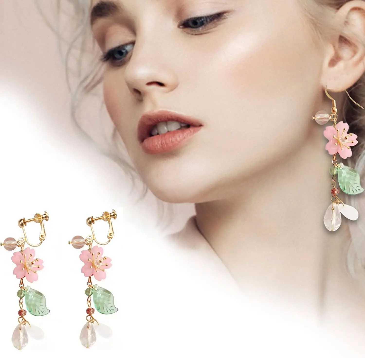 Pink Flower Clip on Dangle Earrings No Pierced for Women Crystal Leaf Dangling Earrings Statement Seaside Idyllic Birthday GiftX240913