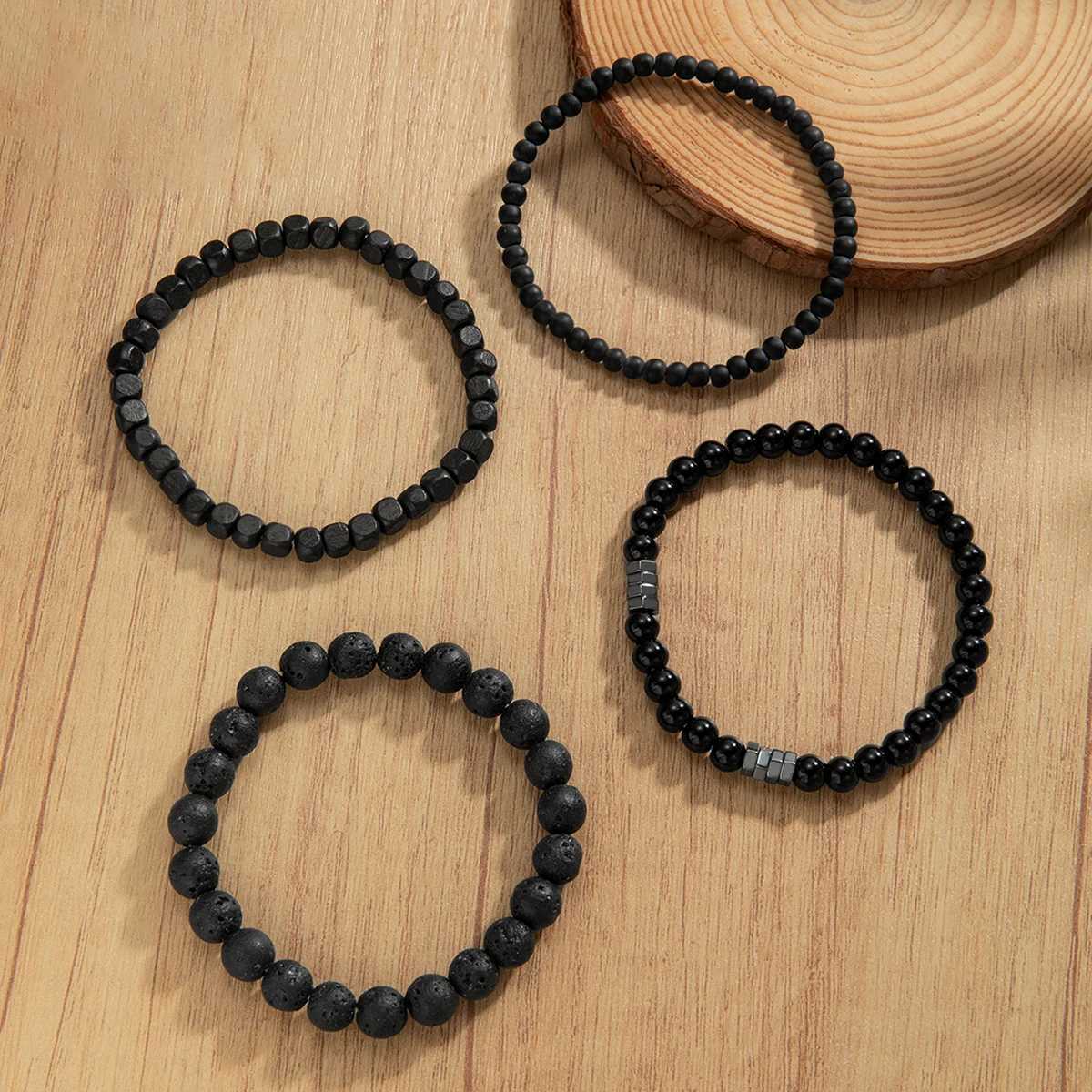 4-piece set of black volcanic stone bead stacked mens fashion bracelet W240913