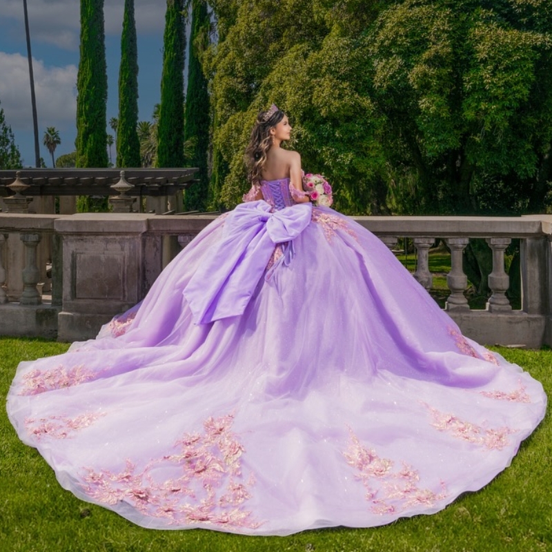 Lilac Quinceanera Ball Gown Shiny 3D ral Applique Bow Beading Tiered Tull Corset Sweet 16 Dress Vestidos De XV 15 Anos