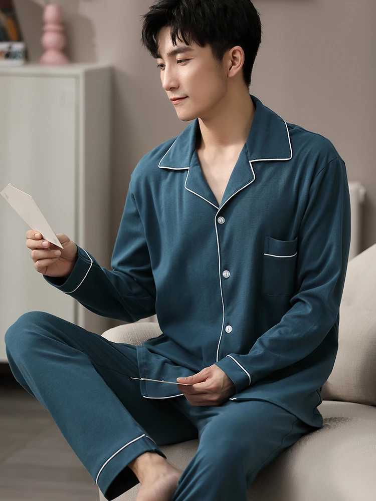 Blue Cotton Pajamas Winter Men Sleepwear Nightwear Full Sleeves PJ Pijama Hombre Home Clothes 2 Pieces Set Cotton Pyjama Homme Y240913