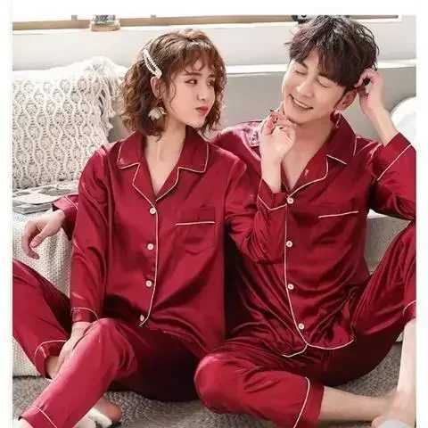 Ice Silk Satin Couples Pajamas Thin New Women Men Two-piece Plus Size Homewear Set Pijama Set Women Pijma Hombre Y240913