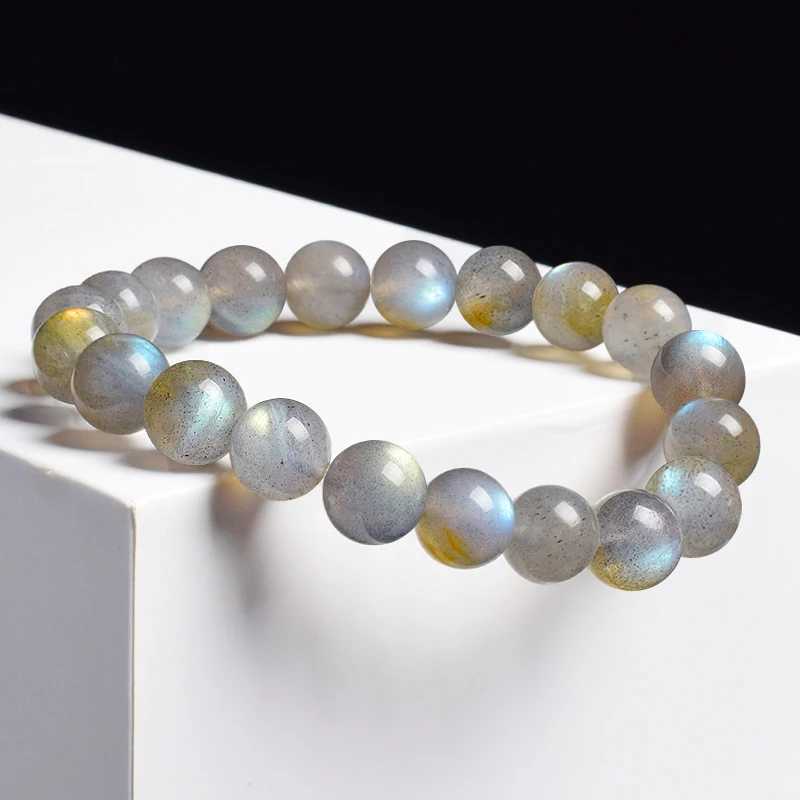 Natural Grey Labrador Bracelet Sparkling Smooth Spectral Stone Moonstone Round Elastic Bead Bracelet True Natural Stone Jewelry W240913