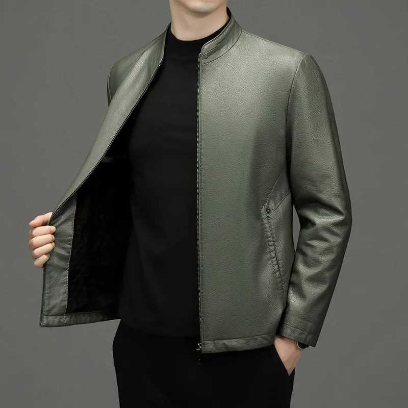 High Quality Men Leather Jacket Korean Fashion Mens Standing Collar Ecological Mens Clothing Popular Leather Coat OuterwearX240913