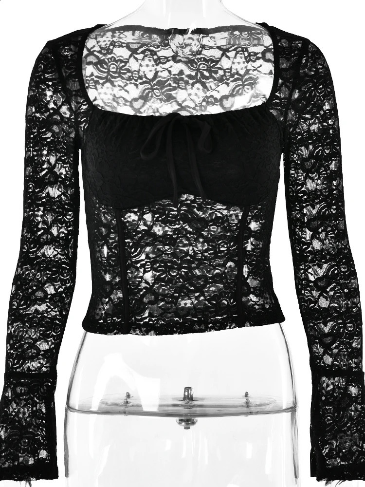 Fantoye sexy See Through lace womens Tshirt black long sleeved square neckline autumn tight and elegant streetwear 240913