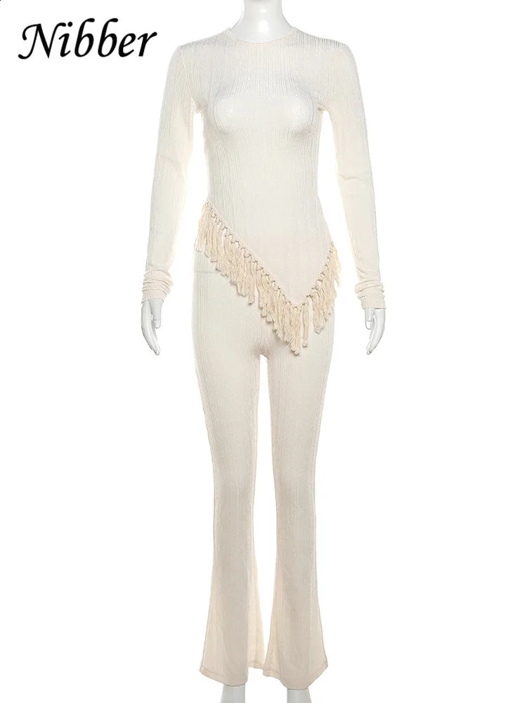 Nibber Autumn Casual Two Piece Set Women Irregular Tassel Chic Top Stretch Flare Pant Female Streetwear Outfits Tracksuit 240910