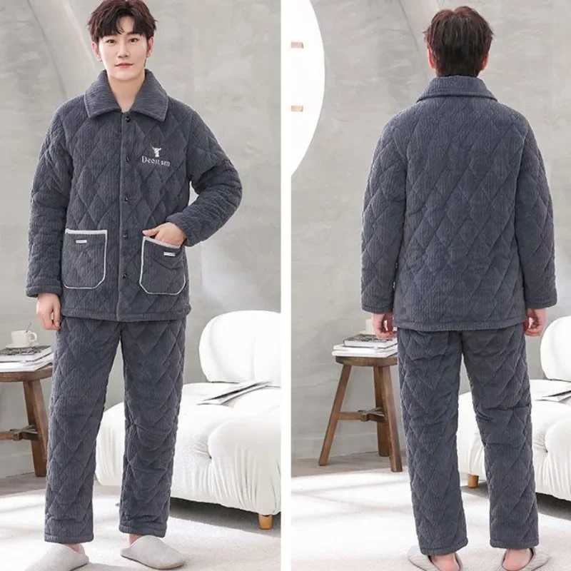 Men Pajamas Winter Three-layer Thickening Plus Velvet Coral Fleece Cotton Male Suit Flannel Warm Home Clothing Autumn Homewear Y240913