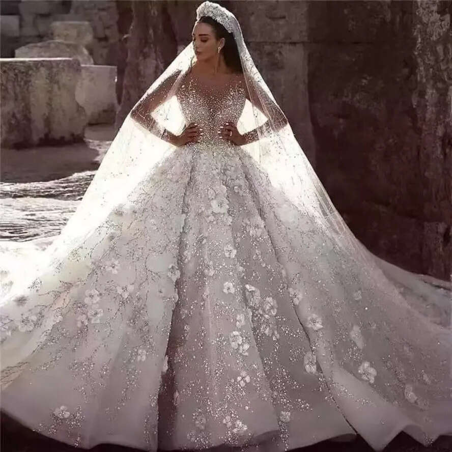 Size Wedding Plus 2023 Beading Bridal Gowns Long Sleeve Crystal Lace Appliqued Sequined Vestidos De Novia Arabic Aso Ebi Urious Beaded Wed Dresses