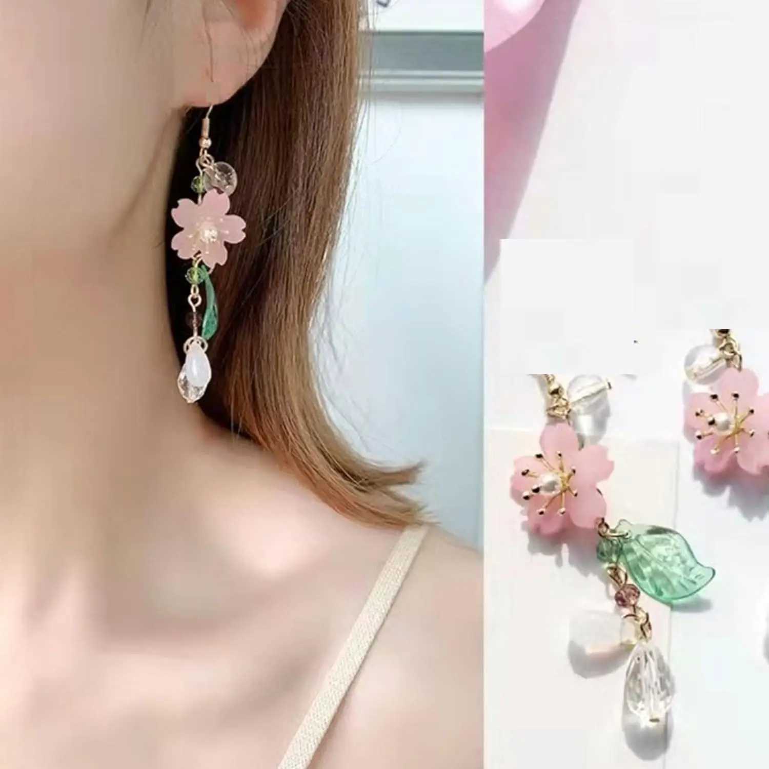 Pink Flower Clip on Dangle Earrings No Pierced for Women Crystal Leaf Dangling Earrings Statement Seaside Idyllic Birthday GiftX240913