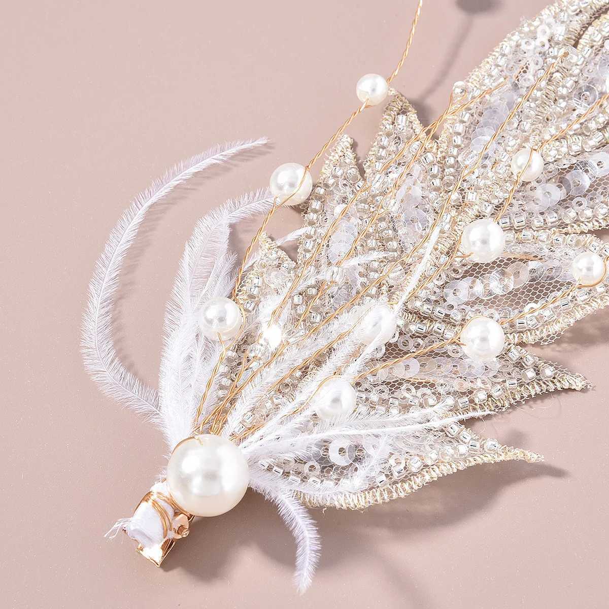 Feather Hair Clips Tiaras Bride Hair Jewelry For Women Crystal Pearl Hairpin 2022 New Fashion Barrettes Lady Wedding HeadpieceX240913