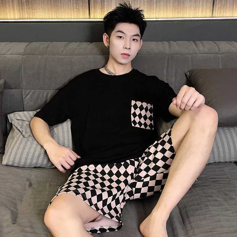 Mens Two-Piece Pajamas Homewear Summer Mens Pajamas Cotton Short-Sleeved Shorts Large Size Teenage Boys Casual Homewear Set Y240913