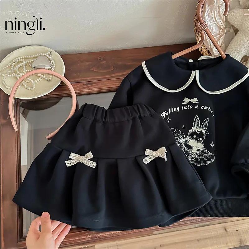 Autumn Kids Girls 2PCS Clothes Set Cartoon Printed Cotton Pullovers Knotbow Ruched Skirts Suit Toddler Baby Girls Outfits 240902