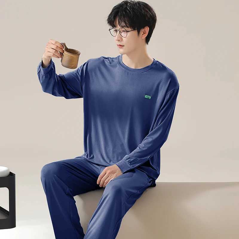 Dark Blue Men Pajamas Set Long Sleeves Long Pants Autumn Winter Cozy Sleepwear Soft Pyjamas Boy Pijamas Male Nightshirt Modal Pj Y240913