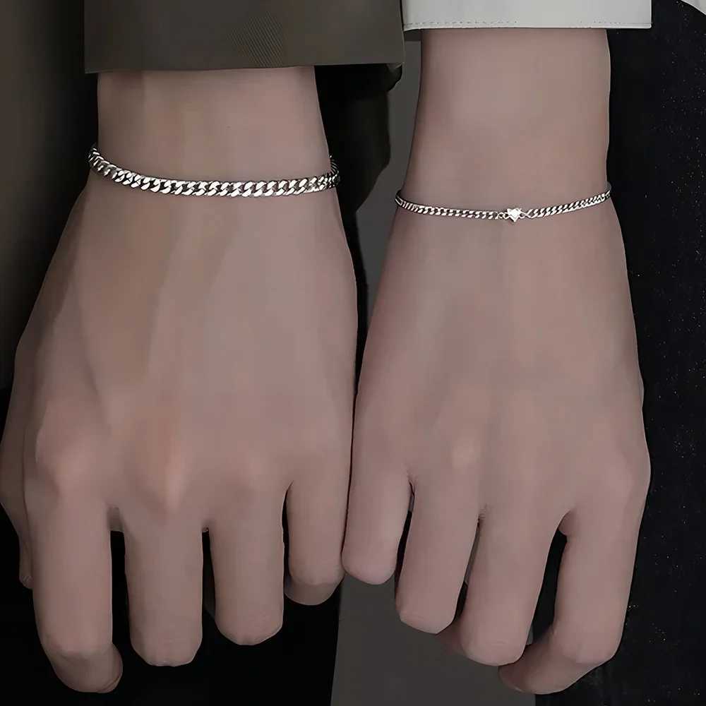 2Pcs 925 Sterling Silver Chain Bracelet Set for Women Men Simple Crystal Heart Adjustable Couple Bracelets Couple Jewelry Gifts XJ250707