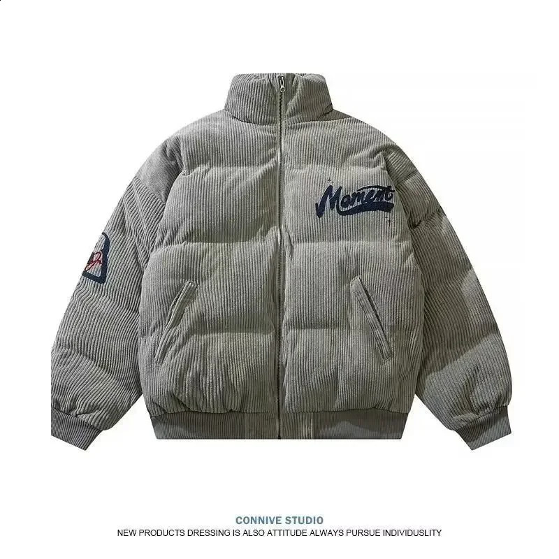 Vintage American Style Corduroy Winter Embroidery Stand Collar Cottonpadded Jacket Loose Fit Puffer Trendy Couple 240912