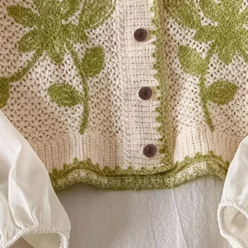 Women Casual VNeck Button Down Cropped Cardigan Puff Long Sleeve Elegant Embroidery Floral for JACKET Cover Up Blouse 240910