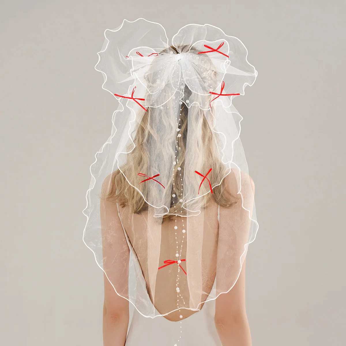 Miallo Elegant Bridal Wedding Headdress White Mesh Headpiece Imitation Pearl Bow Short Veil Back Head Decor Hair AccessoriesX240913