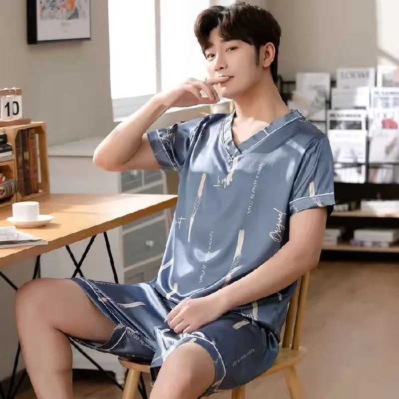 Ice Silk Pajamas Mens Summer Short-sleeved Thin Simulation Silk Pyjamas Casual Large Size Home Wear Sleepwear 2-piece Set Y240913