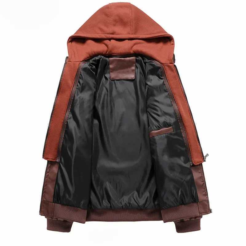 Mens Leather Jacket 2024 Fall New Solid Color Chest Pocket Design Outdoor Biker Riding Hooded Coat Mens locomotive SuitX240913