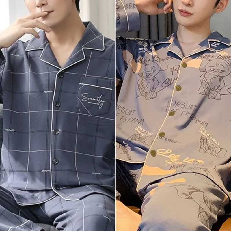 Mens Lapel Pyjamas 2024 New Cotton Long-Sleeved Summer Mens Imitation Cotton Home Wear Suit Y240913