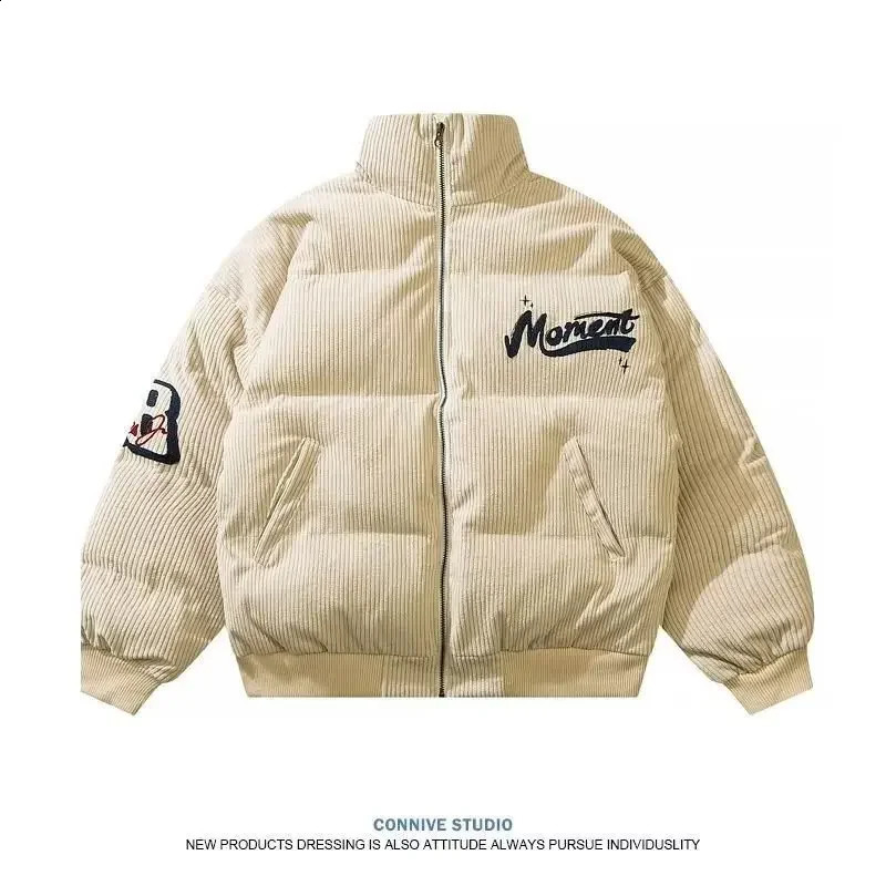 Vintage American Style Corduroy Winter Embroidery Stand Collar Cottonpadded Jacket Loose Fit Puffer Trendy Couple 240912