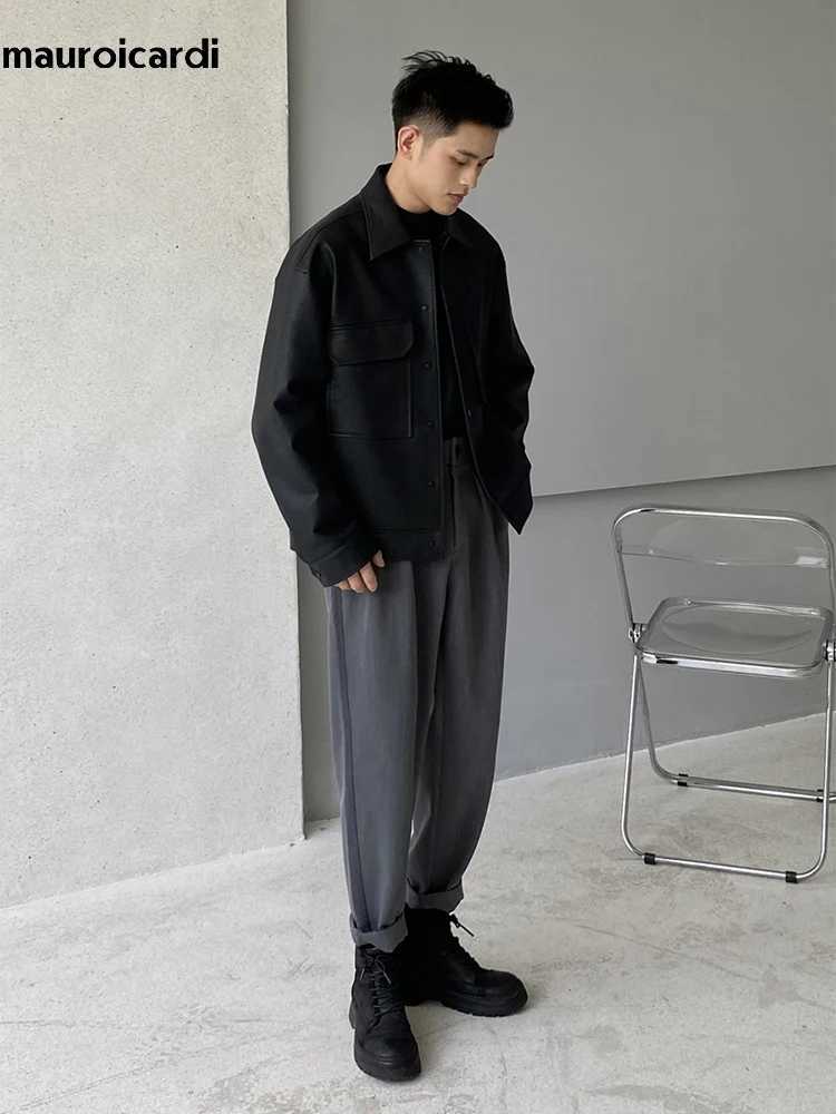 Mauroicardi Spring Autumn Cool Short Matte Black Pu Leather Jacket Men Turn-down Collar Pockets Loose Casual Korean Clothes 2024X240913