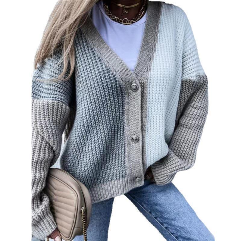 Women's clothing 2024 autumn and winter new collection spliced personalized fashion V-neck knitted sweater cardigan trend