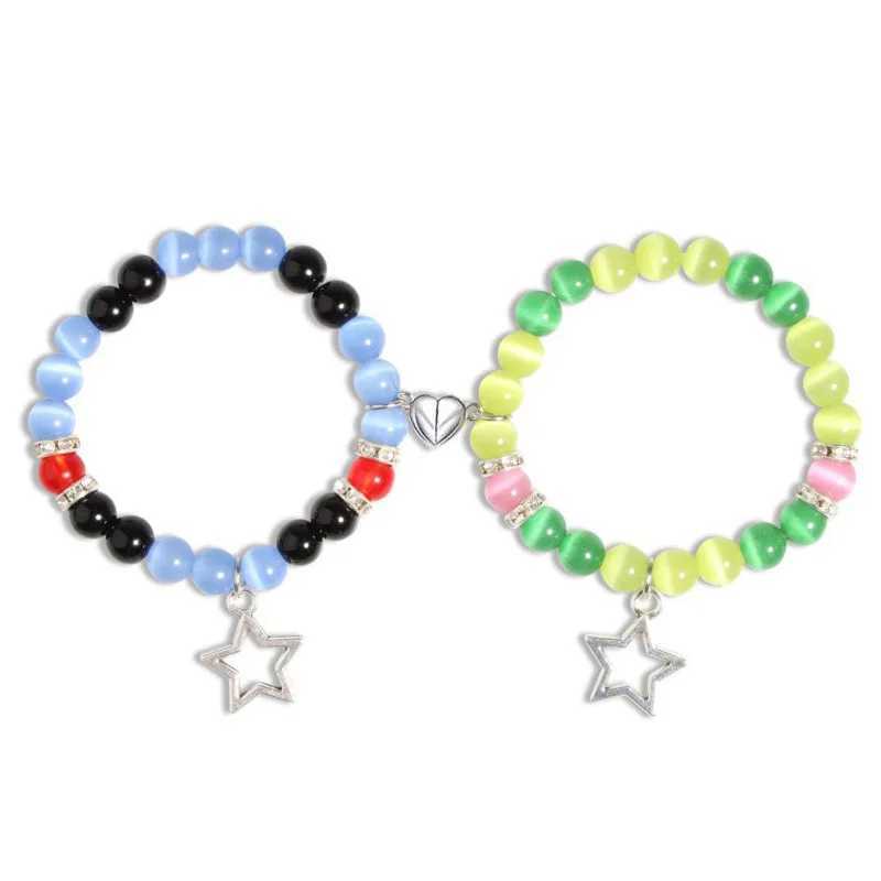 2PCS Halloween Spider Cat Bat Couple Bracelet Mens Heart Magnetic Matching Bracelet Stone Crystal Bead Bracelet Jewelry W240913