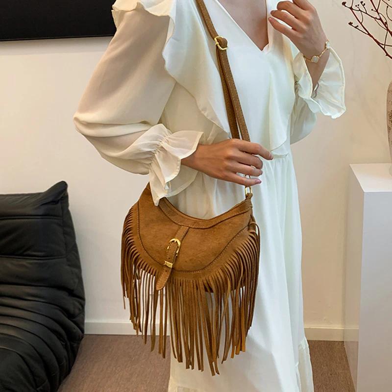 Totes Women Bag Casual Tassel Shoulder Veet Leather Vintage Crossbody Bags Ladys Retro Handbag Bohemian Style Hobos bcc6