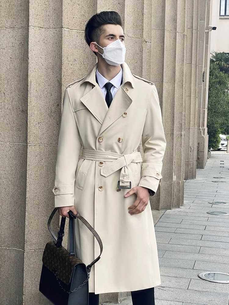 Super long windbreaker mensBritish trench coatdouble-breasted mid-gray long dress spring and autumn new over knee fashion thi Y240913